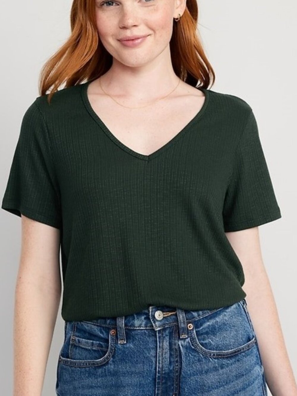 Old Navy Luxe Ribbed Knit V-Neck T-Shirt Short Sleeve Green Size Medium Petite